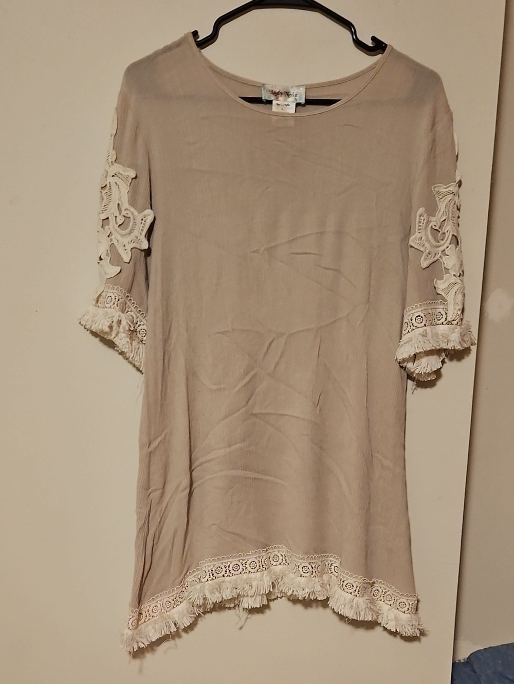 Lady Noiz Taupe Tunic with Cream Lace & Fringe